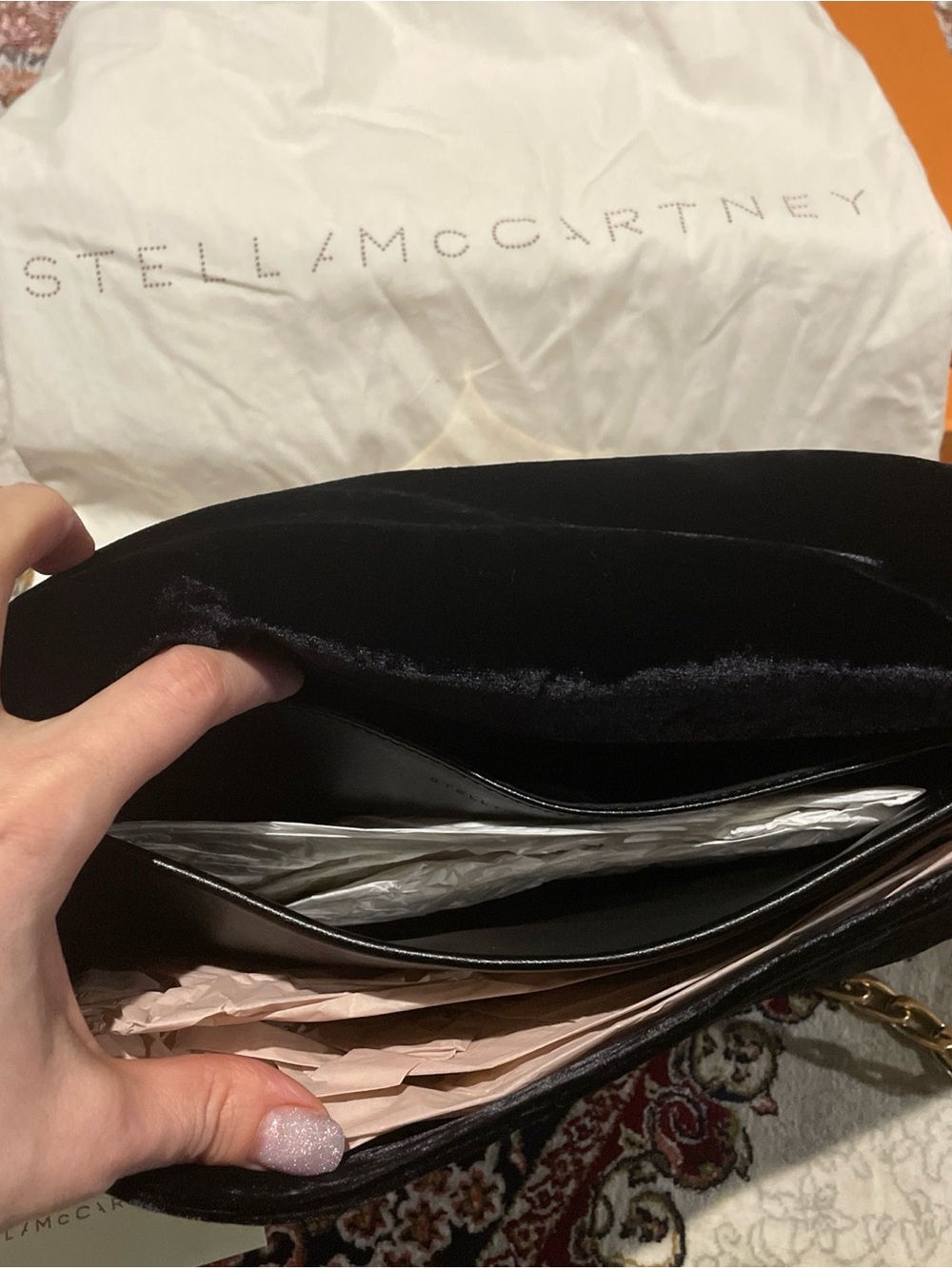Stella McCartney Black Velvet Crossbody Clutch with Chain